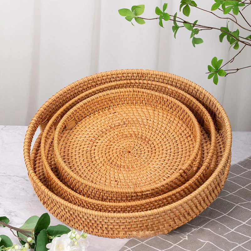 Japanese Style Round Multifunctional Fruit Tray Handles Woven Rattan Bread Basket Creative Breakfast Platter