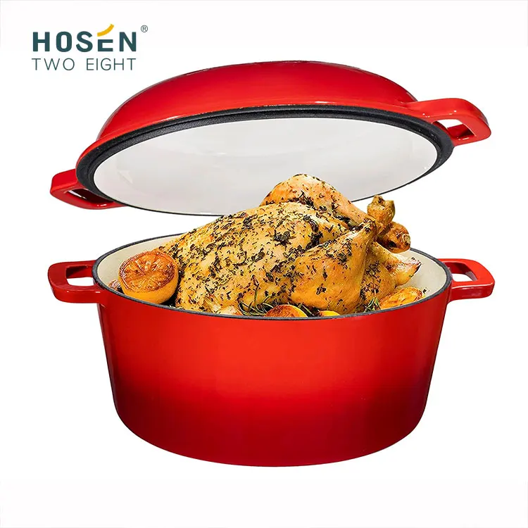 Roasting Dutch Oven With Lid Camping 2 In 1 Enameled Double Round Shape Skillet  Cooker Set Cookware Soup & Stock Pot Fry Pan