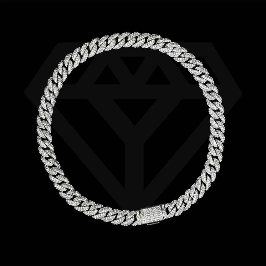 Hip Hop Jewelry 10mm Brass Cubic Zircon Cuban Chain Iced Out Prong Cuban Link Chain Bracelet Necklace CZ Miami Cuban Chain 0.5kg