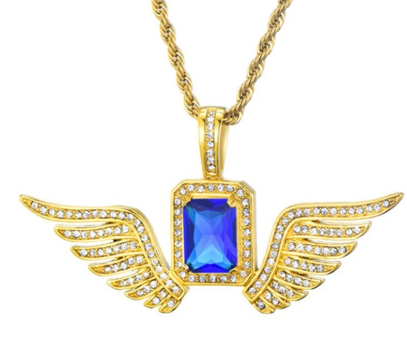 Hip Hop Mens Gold Plated Gemstone Jewelry Wholesale Big Rectangle Crystal Stone Angel Wing Necklace Pendant