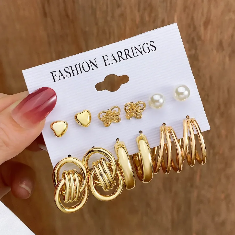 New Fashion Heart Pearl Gold Plated Big Hoop Earrings Set For Women Jewelry