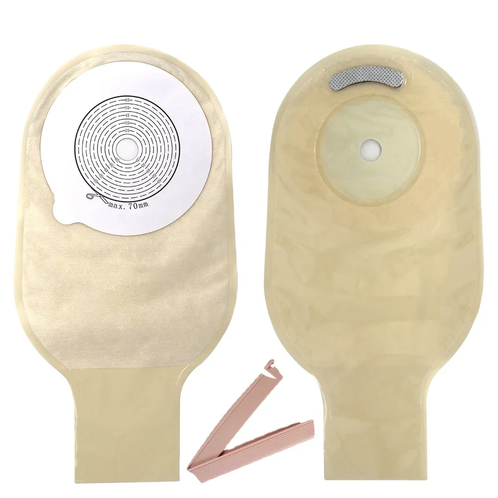 Low Price 70 mm base plate Skin color Sealing clip Non-woven Lining One-piece System Clamp colostomy bag