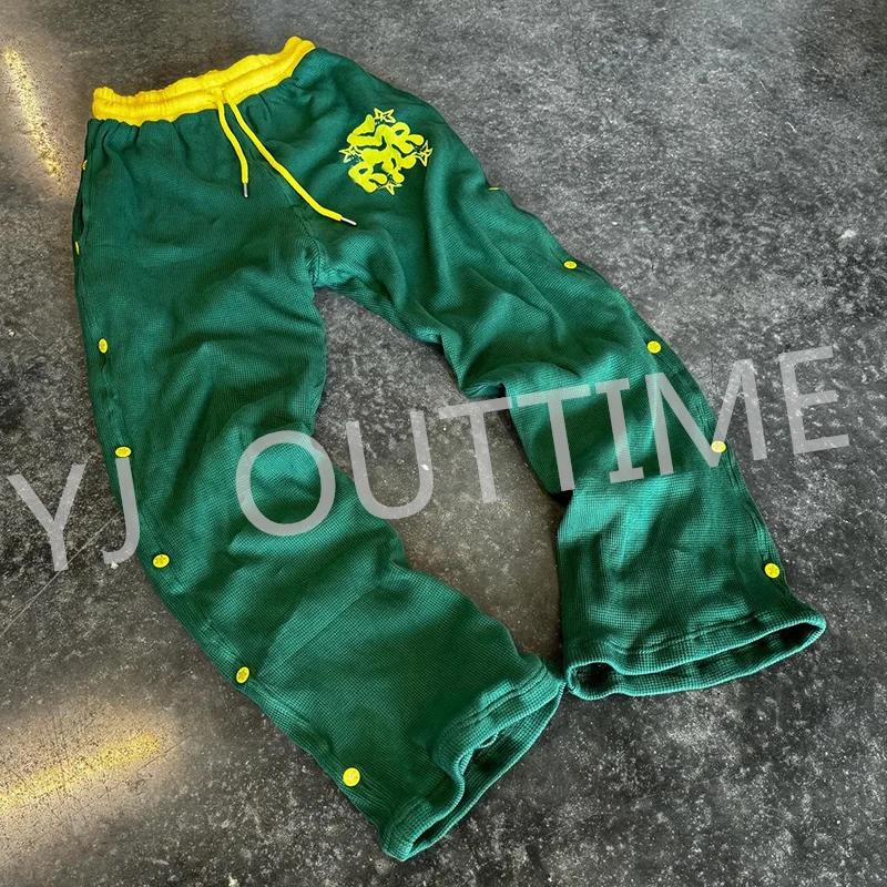 Custom Zipper Bottom Side button Straight Leg Sweatpants Double Waist Cotton Waffle Oversized Baggy Loose Jogger Flared pant Men