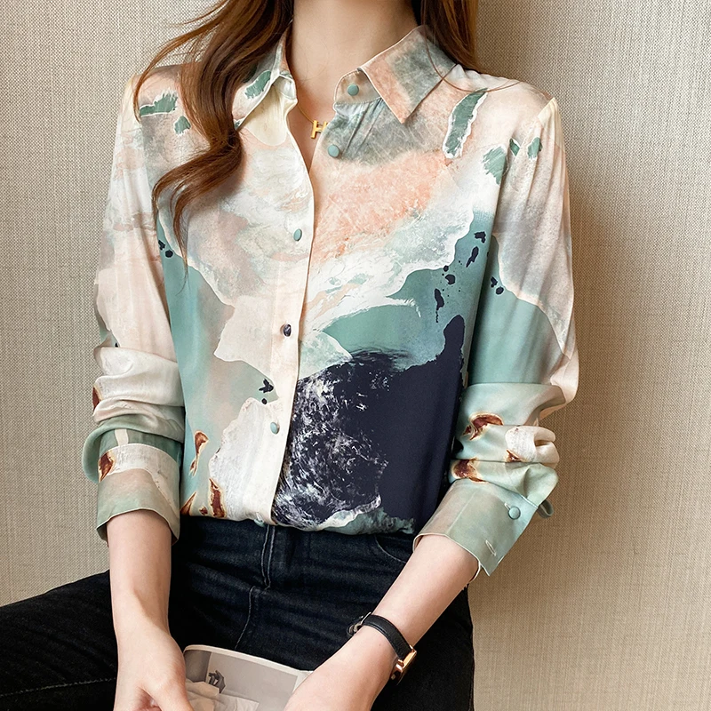 Spring Autumn Fashion Mulberry Silk Polo Gradient Ramp Long Sleeve Blouse Shirt Women Chic Contrast Color Work Shirts Ladies