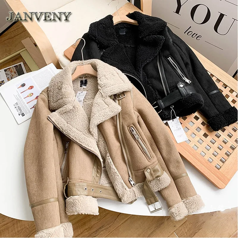 JANVENY 2023 New Winter Faux Shearling Sheepskin PU Leather Coat Women Thickened Suede Lambswool Motorcycle Short Leather Jacket