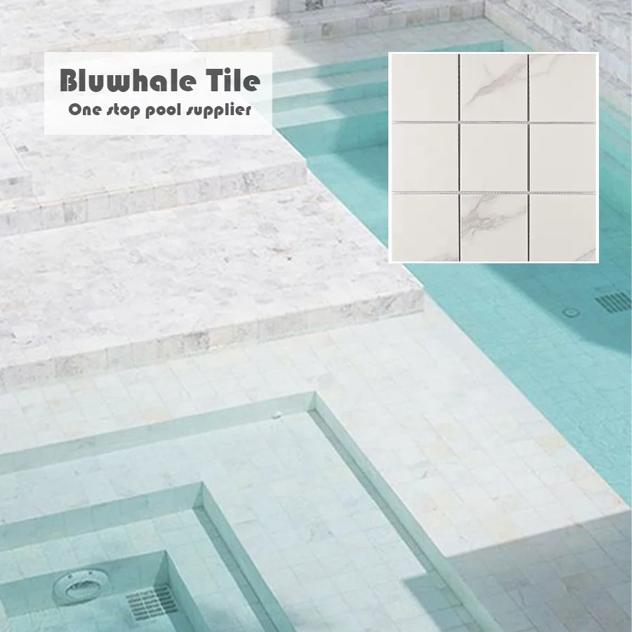 Bluwhale Tile Anti Slip Matte Square Bali Stone Porcelain Carrara White Marble Look Villa Swimming Pool Tile Marble Mosaic