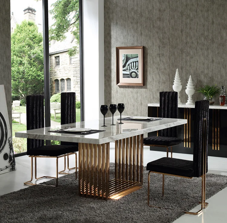 Silver Stainless Steel Dinning Furniture White Rectangle Shape Marble Dining Table Sets