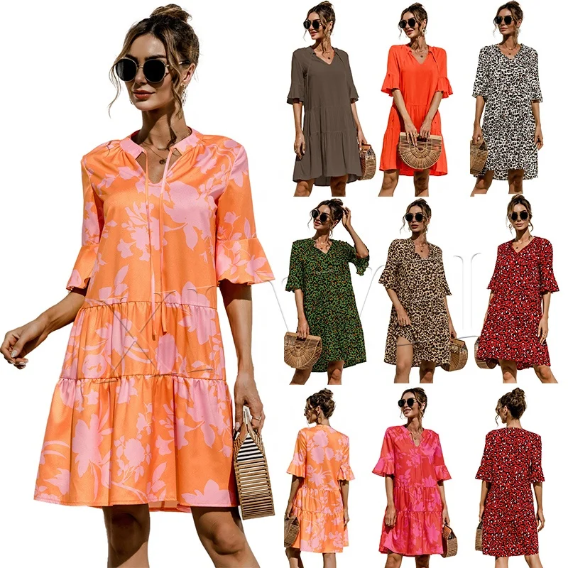 Женское платье с юбкой годе, однотонное Повседневное платье с V-образным вырезом и леопардовым принтом, 2021