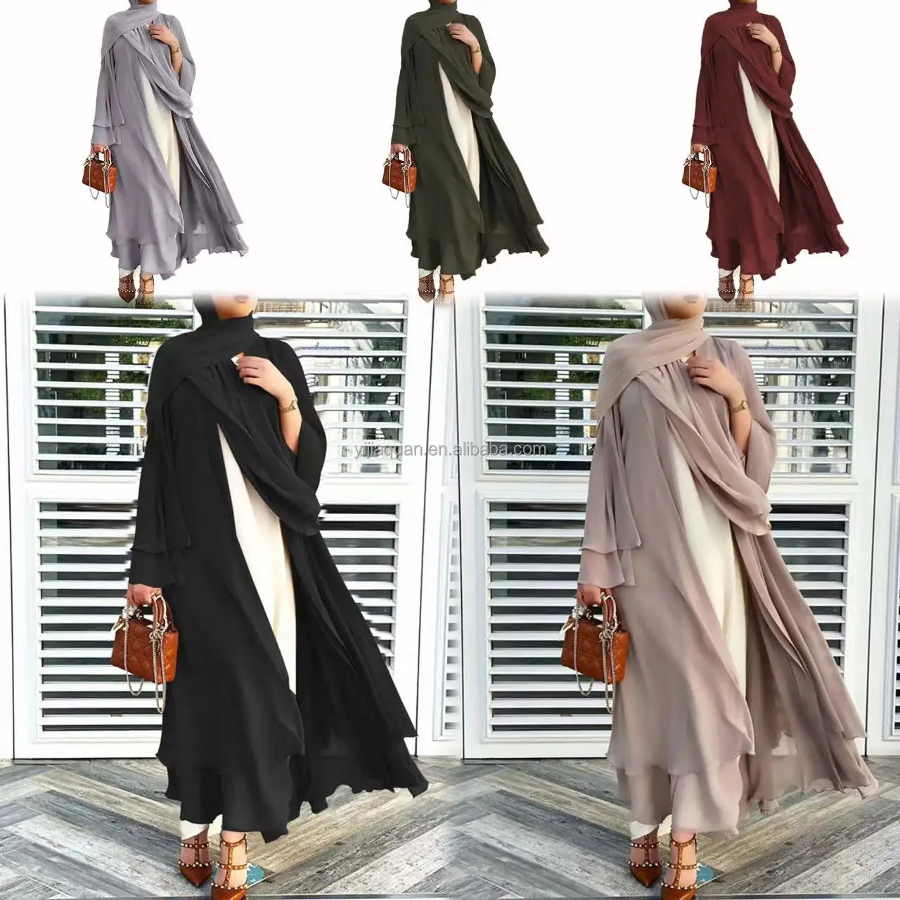 Dubai Women Muslim Dress tailored solid color pleated chiffon Islamic moderate dress with belt long sleeve Abaya