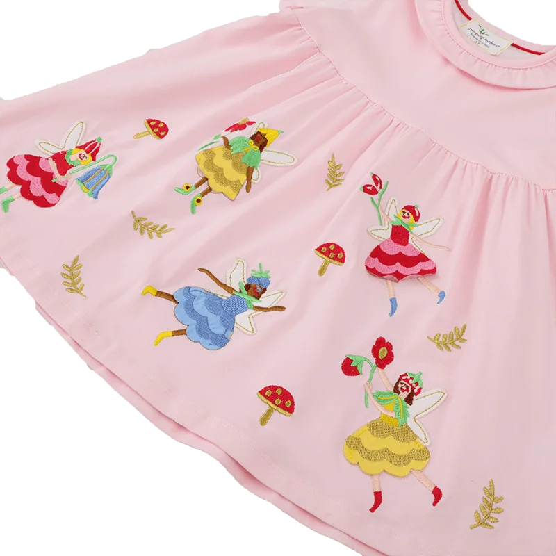 2022 Fashion Cute Korean Stylish Cotton 3D Flower Applique Baby Collar Pink Little Girls Clothes Dress For Kids Summer