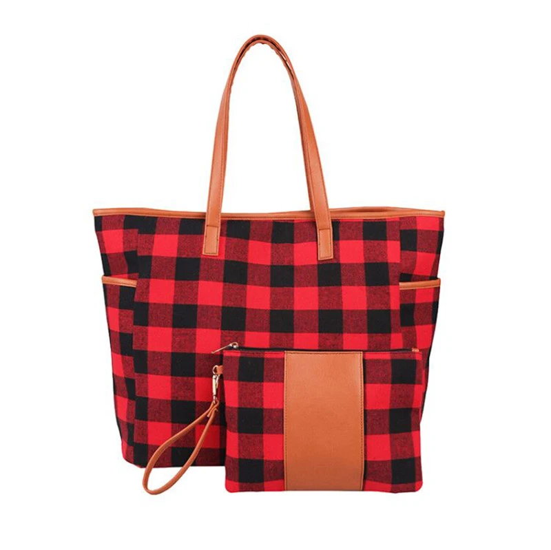 Wholesale Handbag Working Bag Best Gift For Women Buffalo Plaid Canvas Tote Set With Matching Wristlet