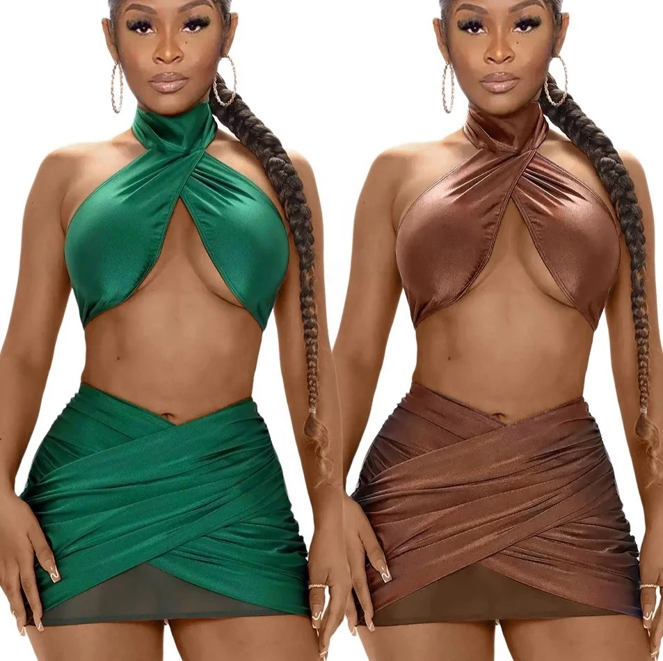 Женский комплект из 2 предметов, облегающий клубный комплект из двух предметов, укороченный топ с открытой спиной и прозрачная юбка с лямкой на шее, лето 2021