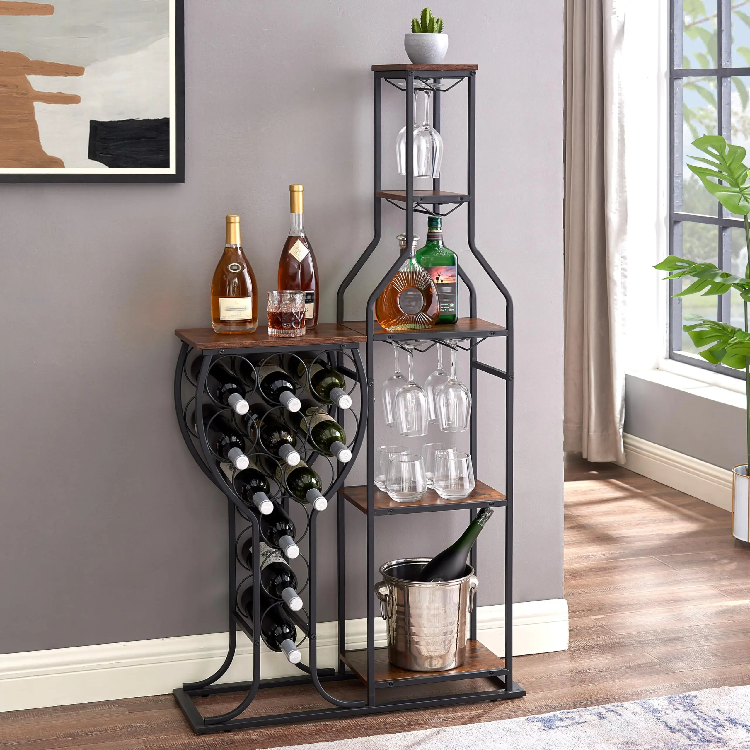 Home Bar Kitchen Dining Room 11-Bottles Wine Bakers Rack Hanging Glass Holder 5-Tier Freestanding Storage Shelves