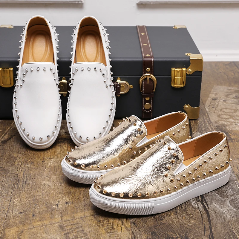 2024 Mens PU Leather Dress Loafers Shoes Slip-On Business Office Wedding Rivet Casual Men Shoes Plus Size 48