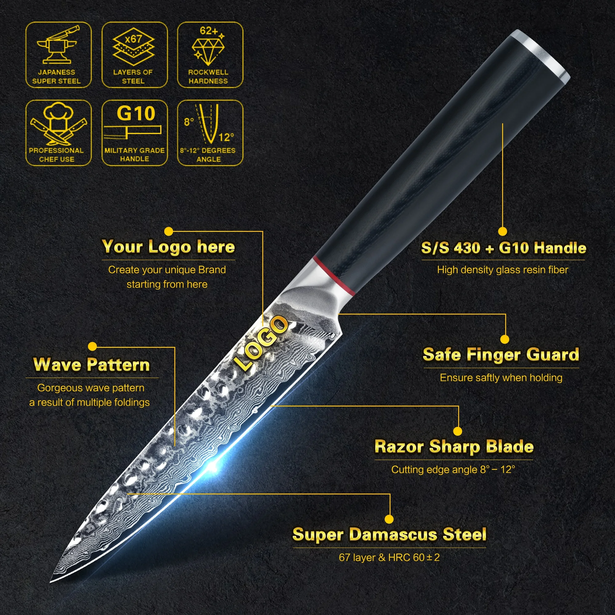 Round G10 Handle 5 inch 67 layers vg10 Japanese kitchen knives utility damascus steel steak knife with hammer pattern blade