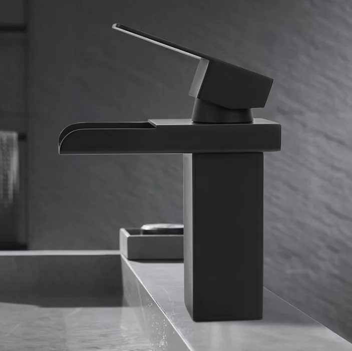 Unique Design 2021 Modern Brass Basin Mixer Tap Single Handle Waterfall Bathroom Black Faucet