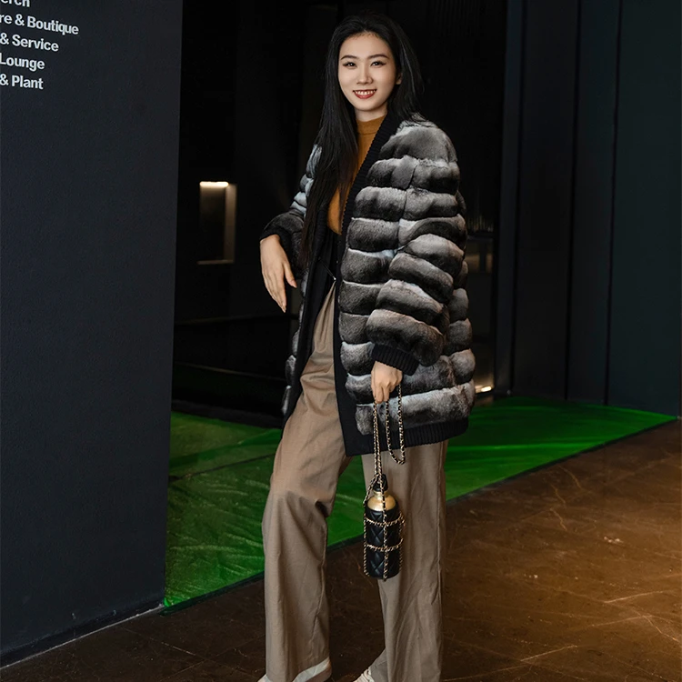 Factory Top Quality Cheap Women Winter Real Chinchilla Fur Coat Casual Style Fur Cardigan Ladies Real Chinchilla Fur Overcoat