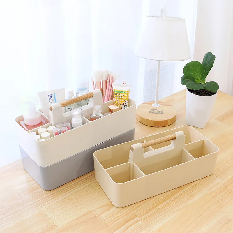 Creative classification wooden handle desktop Plastic storage basket for sundries Table storage box Desk Organizer