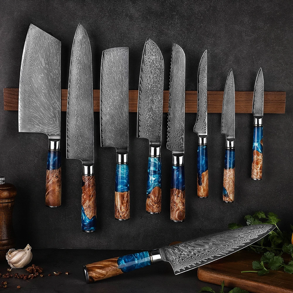 Luxury Blue Resin Handle Damascus Steel Knife Chef Cooking 67 Layers Japanese Kitchen Knives Set