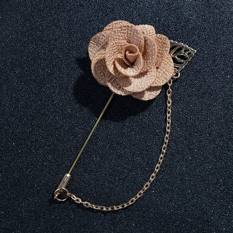 Promotional tassel chain hand made fabric rose flower brooch lapel pin for groomsmen