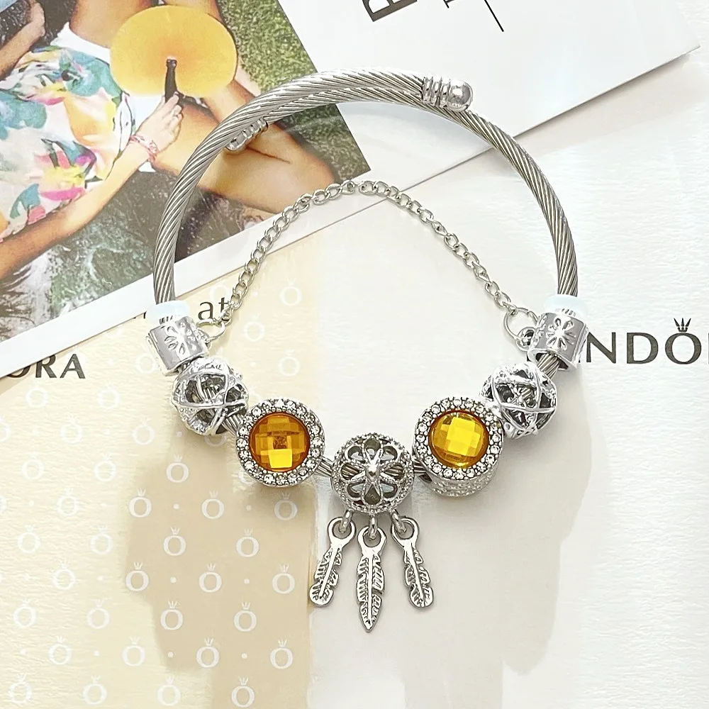 Fashion Dream Catcher Diamond Flower Love Dreamcatcher Charm Ladies Snake Chain Bracelet Bangle for Women Pulsera de mujer