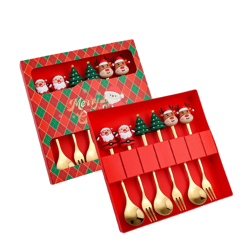 Xmas Dessert Spoon Christmas Milk Tree Coffee Gift Box 403 Stainless Steel Tableware Set