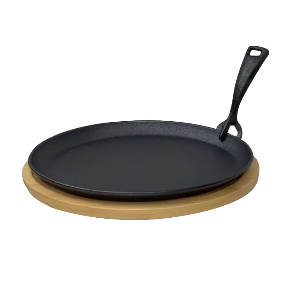 Youlike New Arrival Pre-seasoned Oval Cast Iron Sizzler Pan with Wooden Tray for Kitchenware