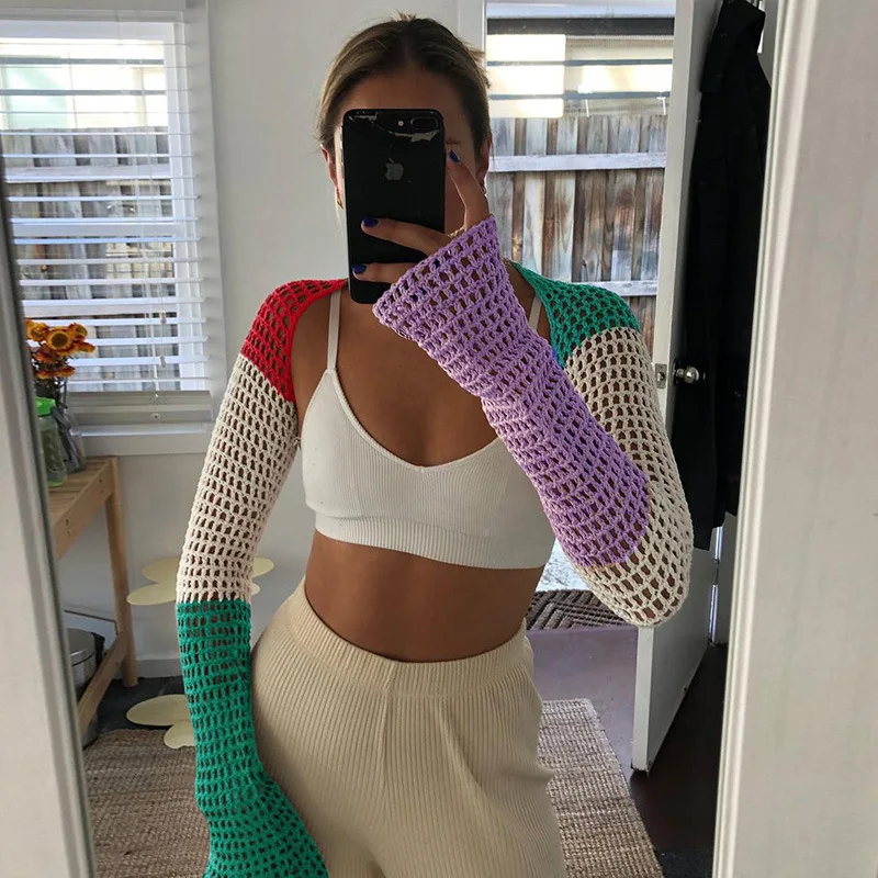 Fashion Korean Short Top Autumn Sweater Knit Top 2021 See Through Long Sleeve Crochet Tops For Women
