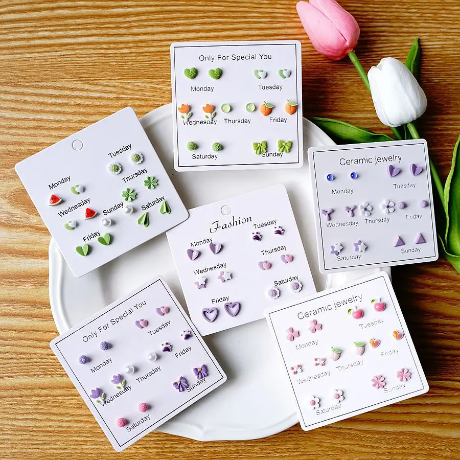 Ceramic Heart Ear Post Stud Earrings Mixed Color Flower Star Universe Planet Earring Girl Women Ear Daily Jewelry