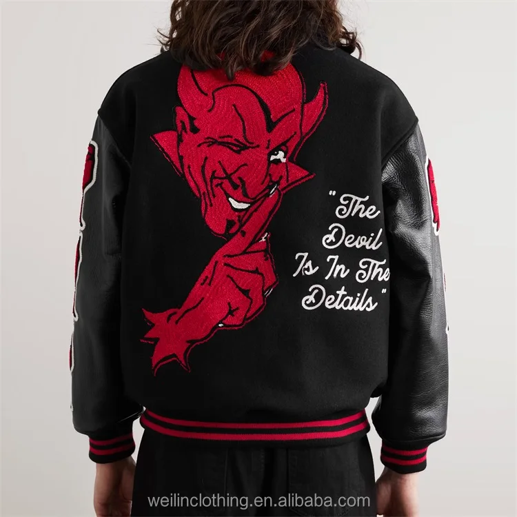 Custom chain chenille embroidered leather sleeve wool bomber letterman jacket for men