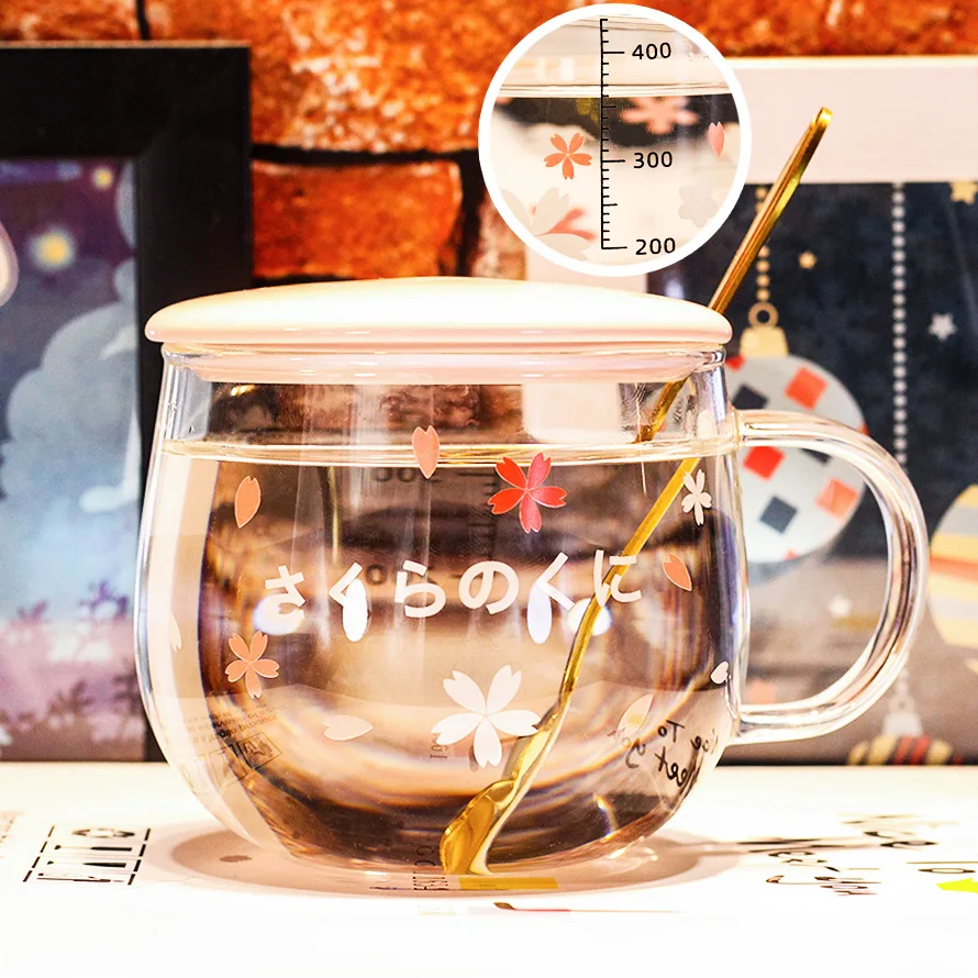  Sakura with a single layer of tea lid cute transparent heat-resistant milk graduated glass