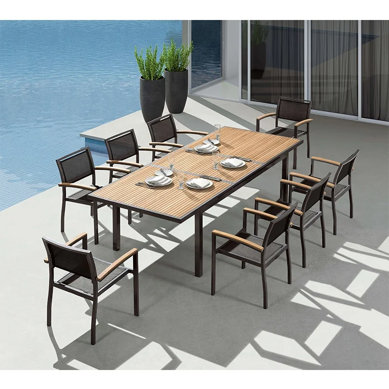 Wholesale patio furniture extendable teak dining table outdoor dining set with stackable outdoor chairs