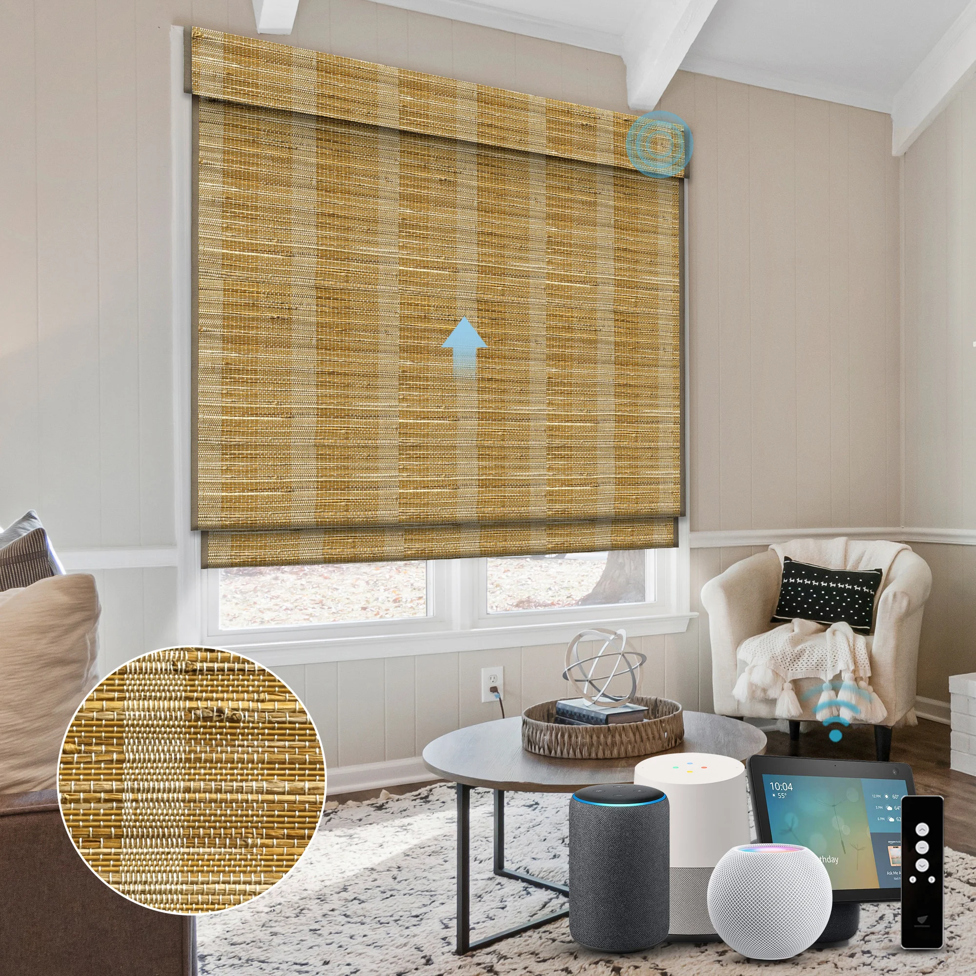 Deyi Smart cordless natural grass bamboo jute ramie yarn blackout backing liner woven wood motorized smart roman shades