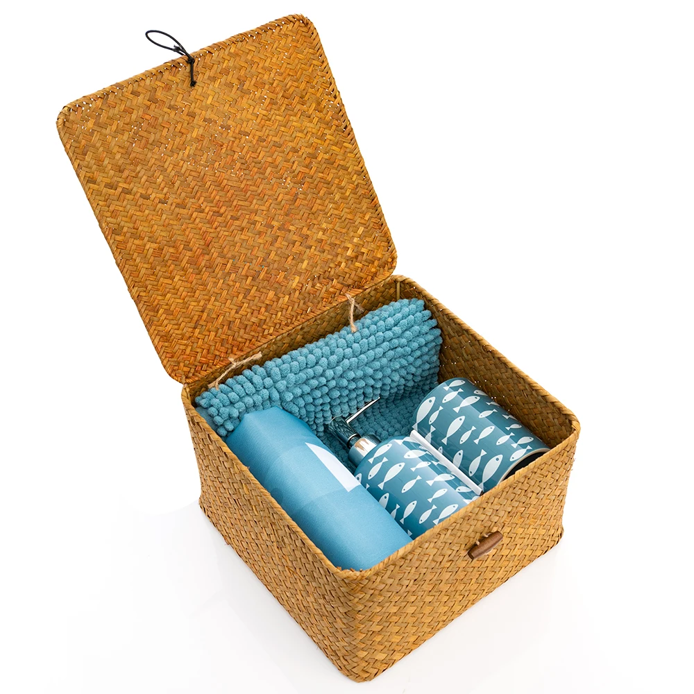 Экологичная корзина из ротанга с водорослями ручной работы, корзина для хранения с крышкой, подарочная корзина, корзина для хранения мелочей для ванны