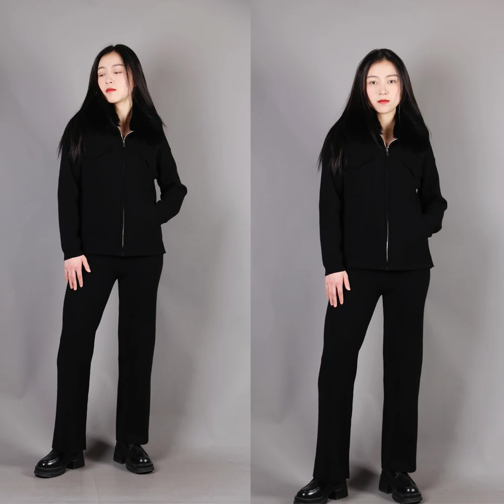 Hot Sale Women Knit Long Sleeve Coat With Pant 2pc Set With Fox Fur Collar Sweater With Fur