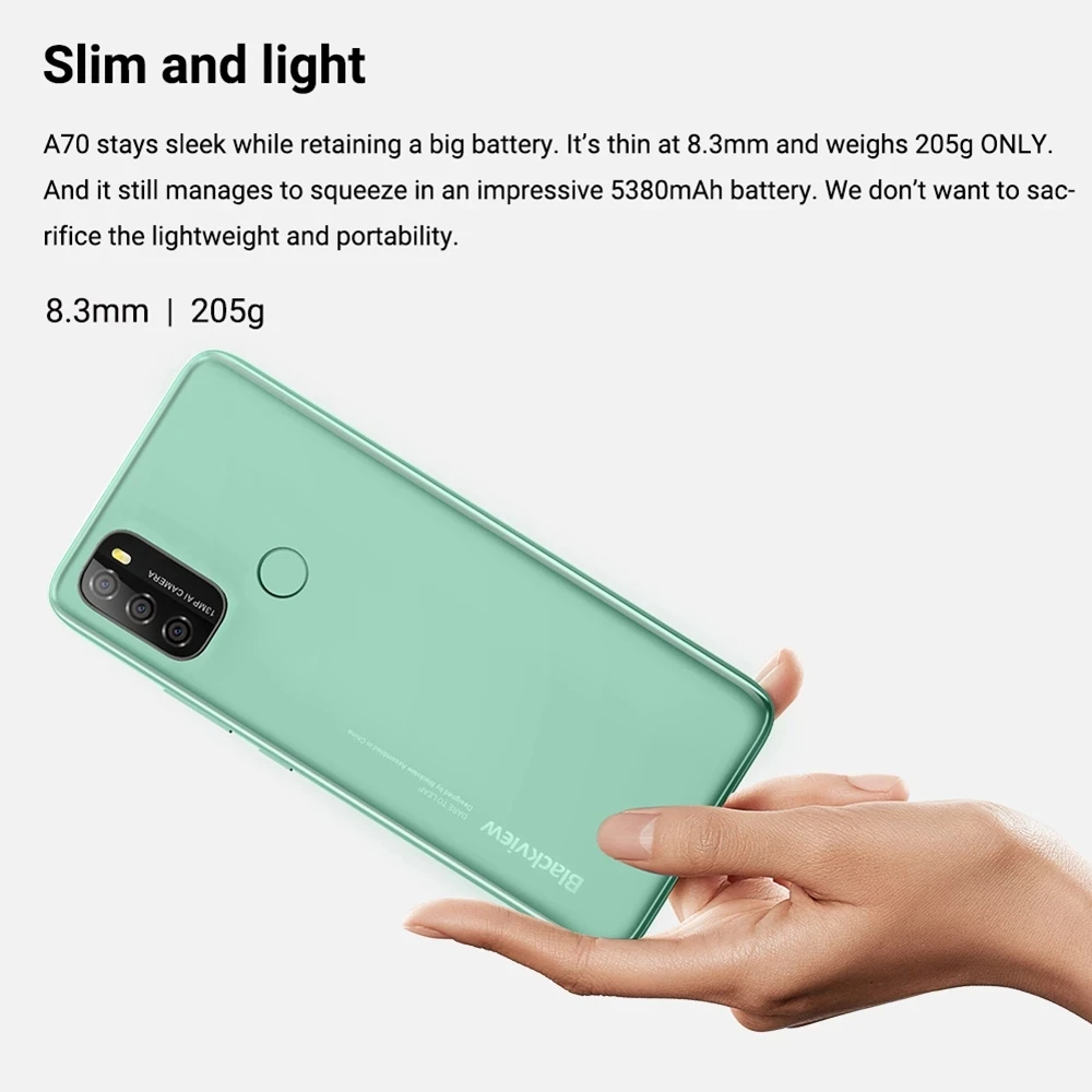 Blackview A70 Android 11 Smartphone 5380mAh Big Battery Octa Core 3GB RAM+32GB ROM 6.517Inch Display 13MP Camera 4G Moible Phone