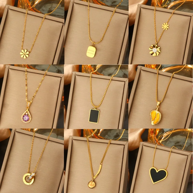 Luxury Fully-Jewelled Fashion ACC Titanium Steel 40+5cm Sweater Chain Flower/bowknot/Shell patterns Pendant Necklace for Women