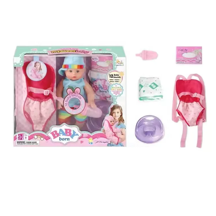 14 inch newborn baby doll toy English IC 12 sounds electric feeding doll with backpack carrier, urine basin and accessories set