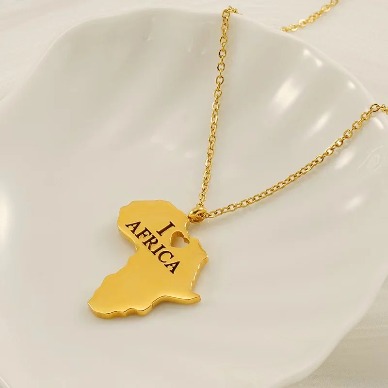 European And American Ethnic Style Africa Map Necklace Fashionable Statement Stainless Steel 18k Gold Map Pendant Jewelry Women