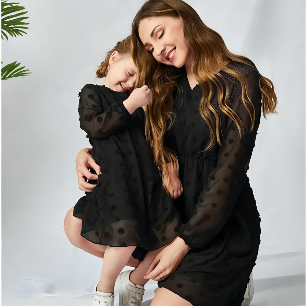 Wholesale chiffon mommy me short dress mother daughter matching outfits casual polka dot dresses women