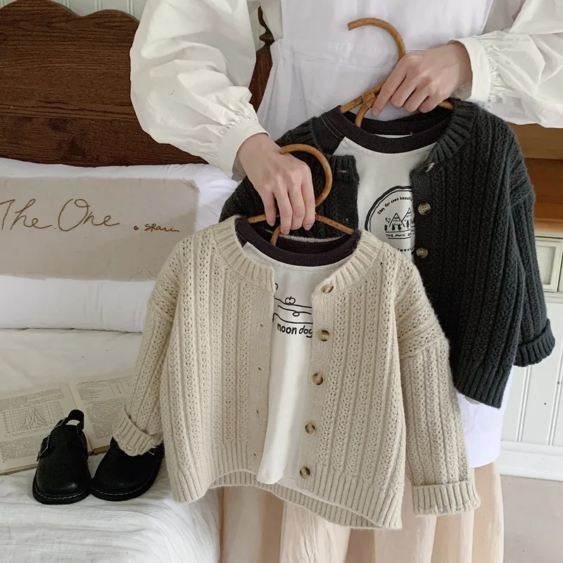 OEM Factory Custom Designer Fall Winter Casual Solid Color Knitted Baby Kids Girl and Boy Cardigan Sweater