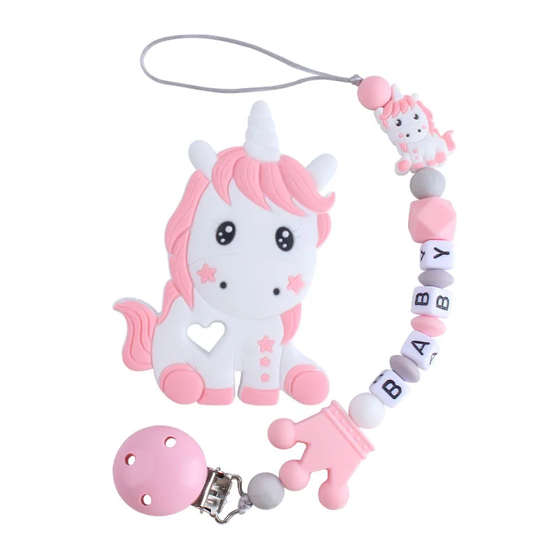 Best-selling custom baby name silicone crown pacifier chain cartoon unicorn toy teether baby anti-drop chain set