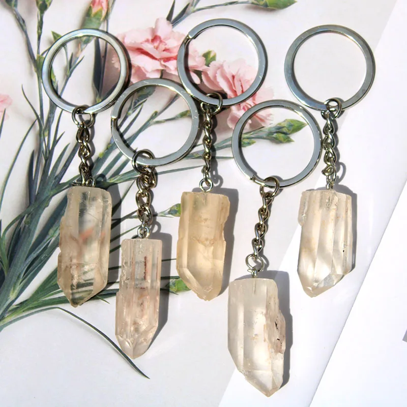 Wholesale Price Natural Gemstone Crystal Key Chain Healing Stone Rough Rock Quartz Crystal Point Keychain For Gift