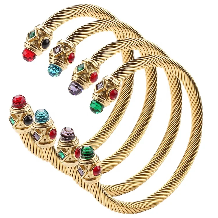 Fashion colorful birthday stone diamond inlay titanium steel wire rope bracelet opening cuff bangle Twists Cable Wire bracelet