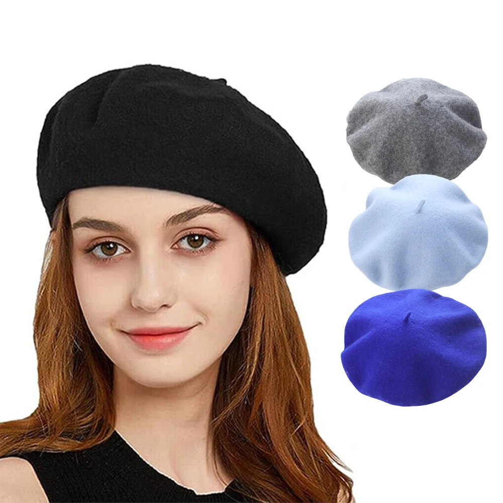 Women Girls Beret French Artist Warm Wool Winter Beanie Hat Retro Vintage Plain Beret Solid Color Elegant Ladies