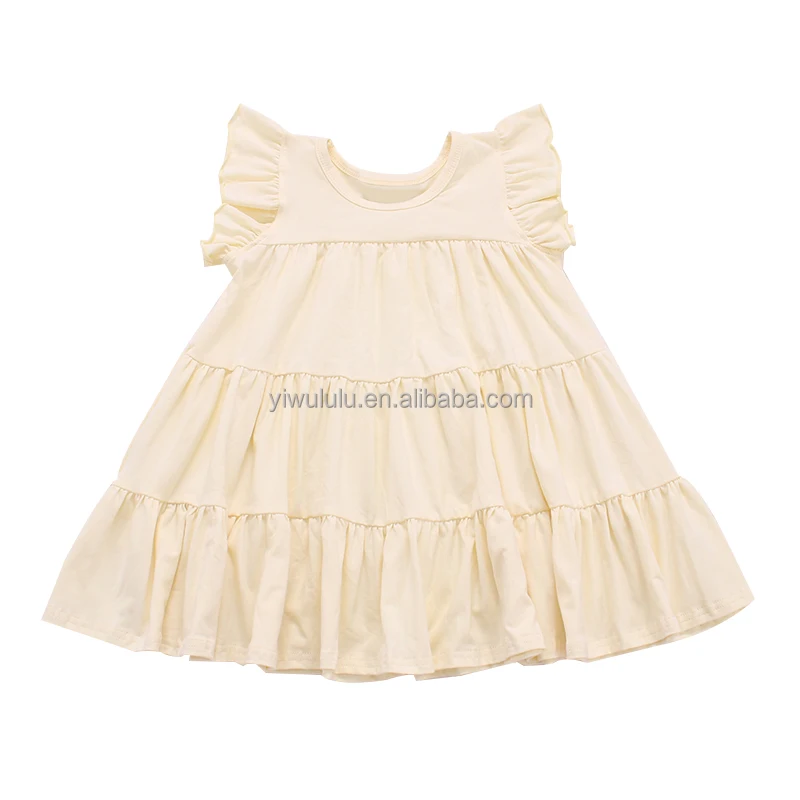 knee length children dress soft cream cotton kids girls dress for summer