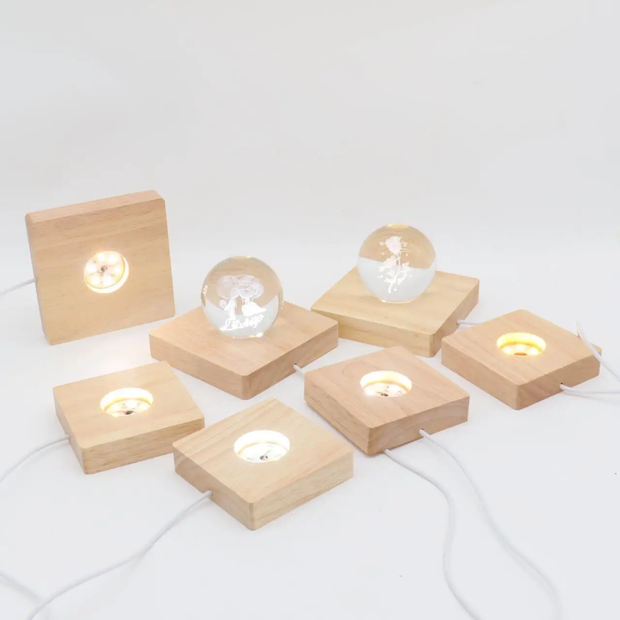 USB Handmade Wood Rectangle Round Oval Shape LED Display Base Resin Art Ornament Wooden Night Lighted Base Stand Crafts