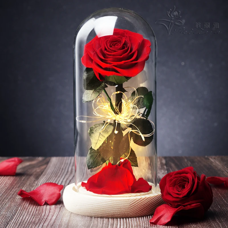 Amazon Hot Selling Competitive Price Preserved Rose in Glass Dome with Gift Box for Christmas Chinese New Year Box 2pcs 2021