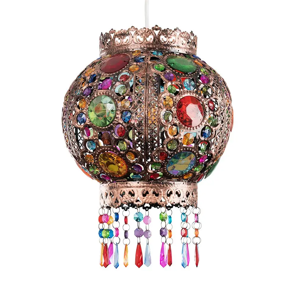 Moroccan Bazaar Style Bronze Chandelier Ceiling Light Pendant Shade with Beautiful Multi-Coloured Acrylic Jewel Droplets