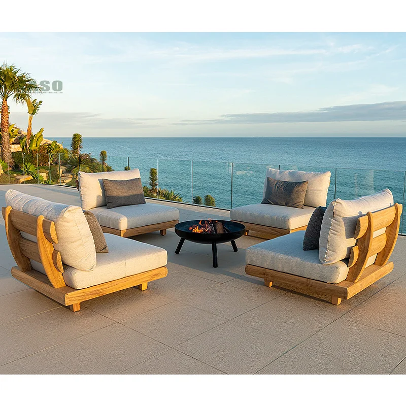 Modern Patio Furniture Sofa Sectional Garden Teak Wood Modern Waterproof Lounge L Shape Corner Square Outdoor Couch Set